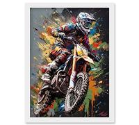 Artery8 Dirt Bike Sport Splatter Paint Motocross Rider Artwork Framed Wall Art Print A4