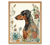 Artery8 Doberman Dog with Spring Flowers Colourful Watercolour Illustration Art Print Framed Poster Wall Decor 12x16 inch