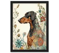 Artery8 Doberman Dog with Spring Flowers Colourful Watercolour Illustration Artwork Framed A3 Wall Art Print