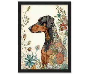 Artery8 Doberman Dog with Spring Flowers Colourful Watercolour Illustration Artwork Framed A3 Wall Art Print