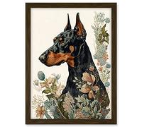 Artery8 Doberman Dog with Wild Flowers Boho Watercolour Illustration Artwork Framed A3 Wall Art Print
