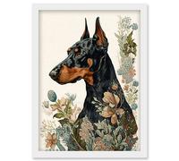 Artery8 Doberman Dog with Wild Flowers Boho Watercolour Illustration Artwork Framed Wall Art Print A4 in White Artery8 White