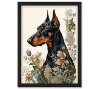 Artery8 Doberman Dog with Wild Flowers Boho Watercolour Illustration Artwork Framed Wall Art Print A4 in Black Artery8 Black