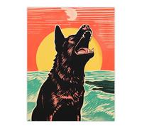 Artery8 Dog Barking At The Moon Linocut Coral Pink & Turquoise Risograph Seascape Unframed Wall Art Print Poster Home Decor Premium Artery8 Multicolor W12" x H16"