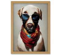 Artery8 Dog Fashion Posh Labrador Aviator Sunglasses Neckerchief Artwork Framed Wall Art Print A4 in Light Oak Artery8 Light Oak