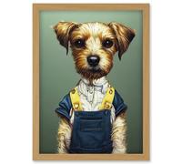 Artery8 Dog In Dungarees Detailed Portrait Photorealistic Artwork Framed Wall Art Print A4 in Light Oak Artery8 Light Oak