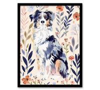 Artery8 Framed Wall Art Dog Lover Australian Sheepdog Floral Portrait - 12X16 Inch