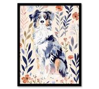 Artery8 Dog Lover Australian Sheepdog Floral Portrait Living Room Artwork Framed Wall Art Print 18X24 Inch