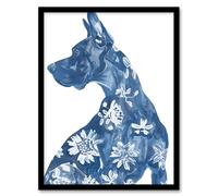 Artery8 Dog Lover Blue Great Dane with Floral Pattern Framed Wall Art | Size: A4 Artery8 Blue A4