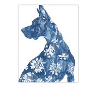 Artery8 Dog Lover Blue Great Dane with Floral Pattern Living Room Extra Large XL Wall Art Poster Print