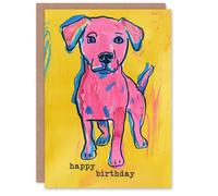 Artery8 Dog Lover Cute Puppy Bright Pink Yellow Pop Art Birthday Card Artery8 Multicolor