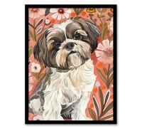 Artery8 Dog Lover Cute Shih Tzu Puppy With Wildflowers Framed Wall Art in Pink | Size: W12" x H16" Artery8 Pink W12" x H16"