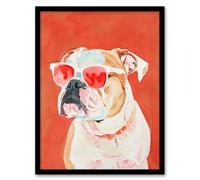 Artery8 Framed Wall Art Dog Lover English Bulldog Sunglasses Pop Art Red - 12X16 Inch