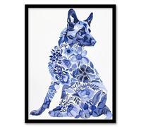 Dog Lover Floral Alsatian Blue Watercolour Framed Wall Art Artery8 Blue A4