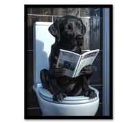 Wall Art Print Dog Lover Funny Black Labrador Reading on Toilet Art Framed Poster Artery8 Black A4