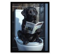 Artery8 Dog Lover Funny Black Labrador Reading on Toilet For Bathroom Art Print Framed Poster Wall Decor 12x16 inch