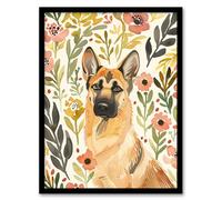 Artery8 Dog Lover German Shepherd in Wildflower Field Living Room Artwork Framed Wall Art Print A4