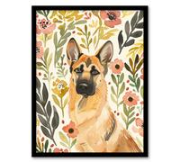 Artery8 Dog Lover German Shepherd in Wildflower Field Living Room Artwork Framed Wall Art Print A4