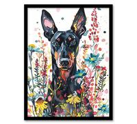 Dog Lover Happy Doberman in Spring Wildflowers Framed Wall Art Artery8 Multi A4