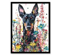 Artery8 Dog Lover Happy Doberman in Spring Wildflowers Framed Wall Art | Size: A4 Artery8 Multicolor A4