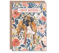 Artery8 Dog Lover Pet Boxer and Rustic Floral Pattern Blank For Him Or Her Art Birthday Card