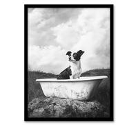 Artery8 Dog Lover Puppy in Bathtub Black White Surreal Bathroom Toilet Artwork Framed Wall Art Print 18X24 Inch