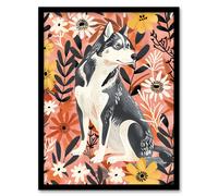 Artery8 Dog Lover Siberian Husky Rustic Pink Floral Framed Wall Art | Size: A4 Artery8 Pink A4