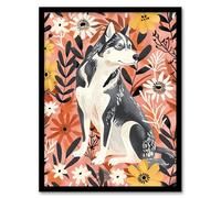 Artery8 Dog Lover Siberian Husky Rustic Pink Floral Living Room Artwork Framed Wall Art Print 18X24 Inch