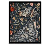 Artery8 Dog Smelling Roses Portrait Charming Floral Framed Art Print in Blue | Size: A4 Artery8 Blue A4