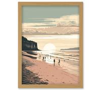 Dog Walks on the Beach Sunset Coastal Landscape Artwork Framed Wall Art Print A4 Artery8 Light Oak One Size