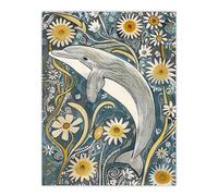 Dolphin Daisy Wildflowers Artwork Quirky Floral Wall Art Print Artery8 Blue W24 inch x H32 inch