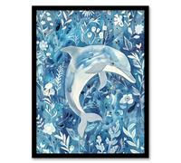 Artery8 Dolphin in Blue Floral Pattern Watercolour Living Room Artwork Framed Wall Art Print A4