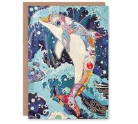 Artery8 Dolphin Jump Sea Waves Colourful Folk Art Greeting Birthday Card Him Her All Blank