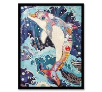 Artery8 Dolphin Jump Sea Waves Colourful Folk Art Living Room Artwork Framed Wall Art Print A4