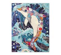 Artery8 Dolphin Jump Sea Waves Colourful Folk Art Wall Art Print in Blue | Size: W12" x H16" Artery8 Blue W12" x H16"