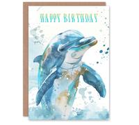 Artery8 Dolphin Sea Wave Jump Bright Soft Watercolour Blank For Him Or Her Art Birthday Card