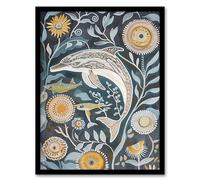 Artery8 Dolphin Sealife Surreal Aquatic Flowers Folk Art Bathroom Toilet Artwork Framed Wall Art Print A4