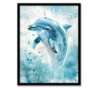 Artery8 Dolphin Wave Jump Watercolour Light Blue Sea Bathroom Toilet Artwork Framed Wall Art Print 18X24 Inch