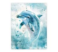 Artery8 Dolphin Wave Jump Watercolour Light Blue Sea Bathroom Toilet Extra Large XL Wall Art Poster Print