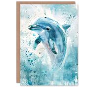 Artery8 Dolphin Wave Jump Watercolour Light Blue Sea Birthday Art Card Artery8 Blue