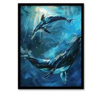 Dolphin Whale Underwater Dance Sea Life Painting Framed Wall Art Artery8 Blue A4
