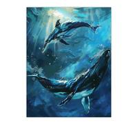 Dolphin Whale Underwater Dance Sea Life Painting Wall Art Print Artery8 Blue W18 inch x H24 inch