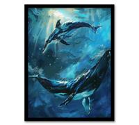 Dolphin Whale Underwater Dance Sea Life Painting Framed Wall Art Artery8 Blue A4