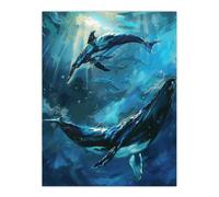 Dolphin Whale Underwater Dance Sea Life Painting Wall Art Print Artery8 Blue W24 inch x H32 inch