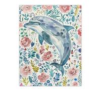 Dolphin with Wildflowers Pink Blue Watercolour Wall Art Print Artery8 Blue W18 inch x H24 inch