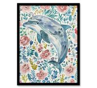 Dolphin with Wildflowers Pink Blue Watercolour Framed Wall Art Artery8 Blue A4