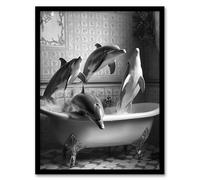 Artery8 Dolphins Playing in Bathtub Black White Surreal Bathroom Toilet Artwork Framed Wall Art Print 18X24 Inch