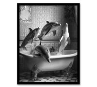 Artery8 Framed Wall Art Dolphins Playing In Bathtub Black White Surreal Print - 12X16 Inch