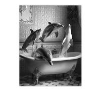 Artery8 Unframed Wall Art Dolphins Playing In Bathtub Black White Surreal - 12X16 Inch