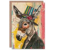 Artery8 Donkey With Top Hat Colourful Mixed Media Collage Blank For Him Or Her Art Birthday Card
